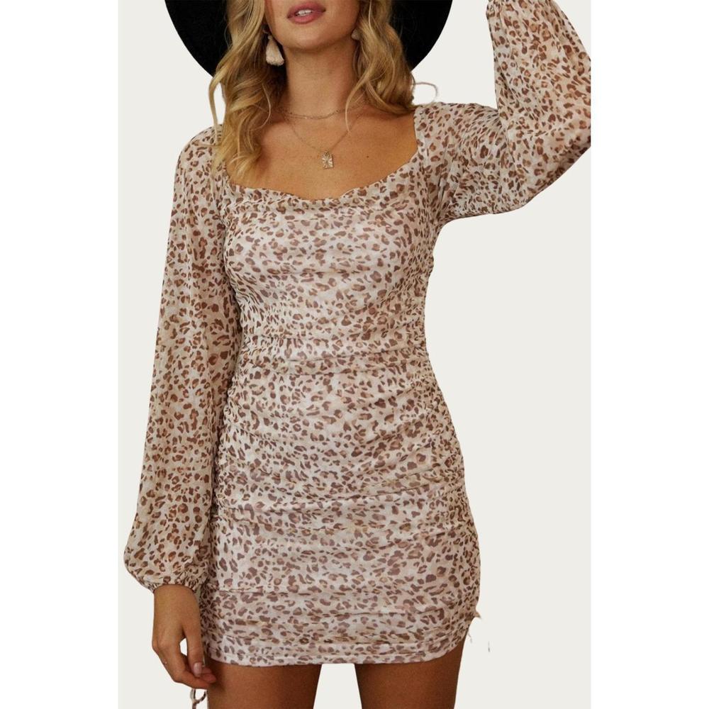 NEW ENDLESS BLU. leopard mesh mini dress in taupe/mocha